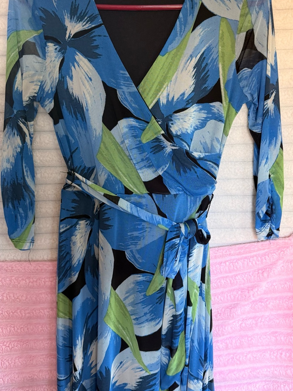 Blue Floral Long Sleeve Wrap Dress with Tie Waist